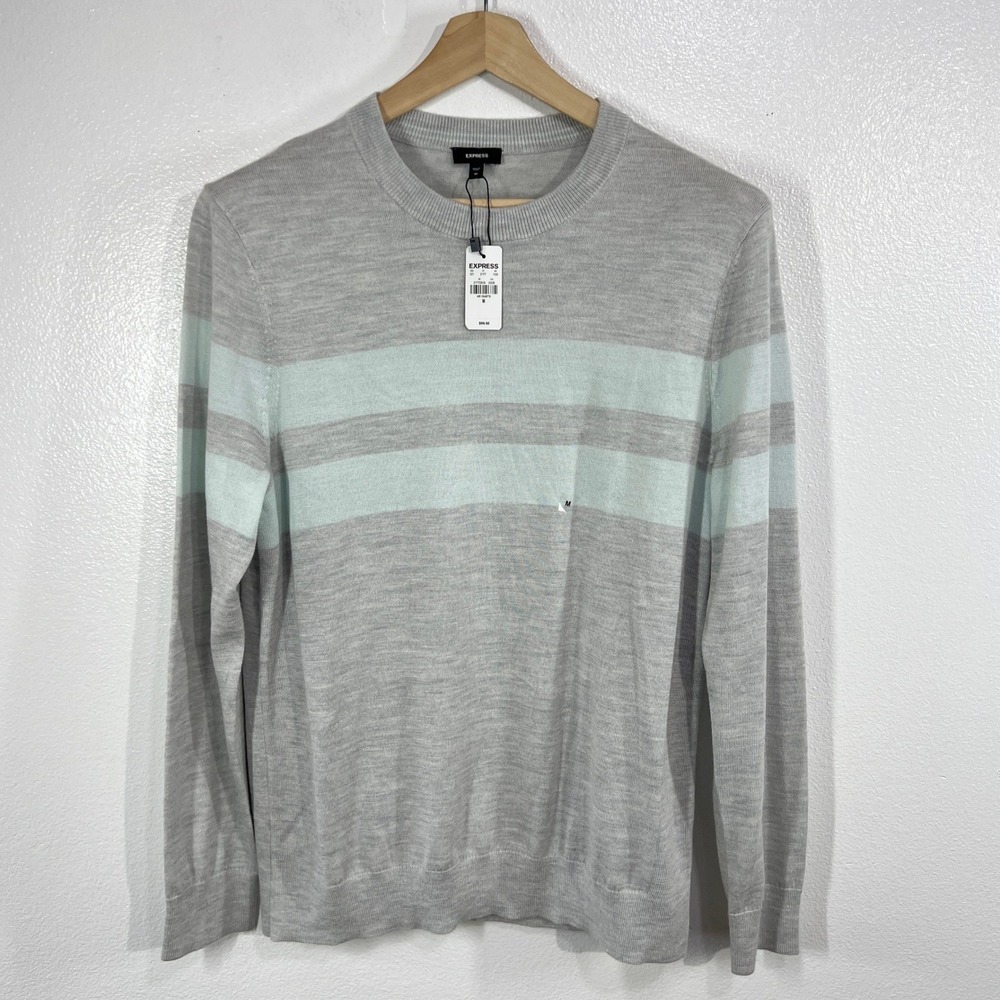 Express Men Striped Crew Neck Sweater Light‎ Gray Aqua Size Medium M Wool Blend
